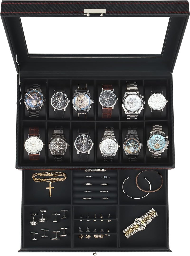 Kukikan Watch Box Jewelry Organizer, 12-Slot 2-Layer Watch Case Storage with Large Glass Lid, Watch Storage Case for Men with Lock, Watch Holder Display Case, Gift for Men Women - Image 1